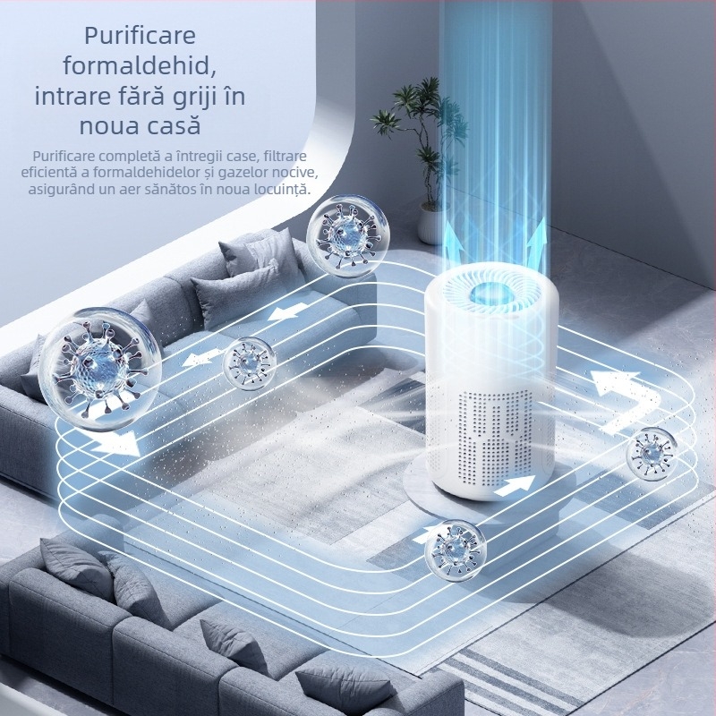 Purificator de aer USB cu filtrare HEPA, cărbune activ și fotocatalizator; elimină formaldehidă și mirosuri; zgomot redus