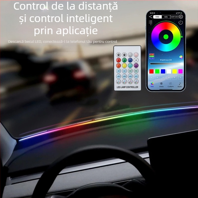 Lumină ambientală auto cu bandă frontală din acril colorat și izolație fonică, control prin aplicație, fără cabluri (12V; 0.1A; silicon + acrilic; compatibil universal)