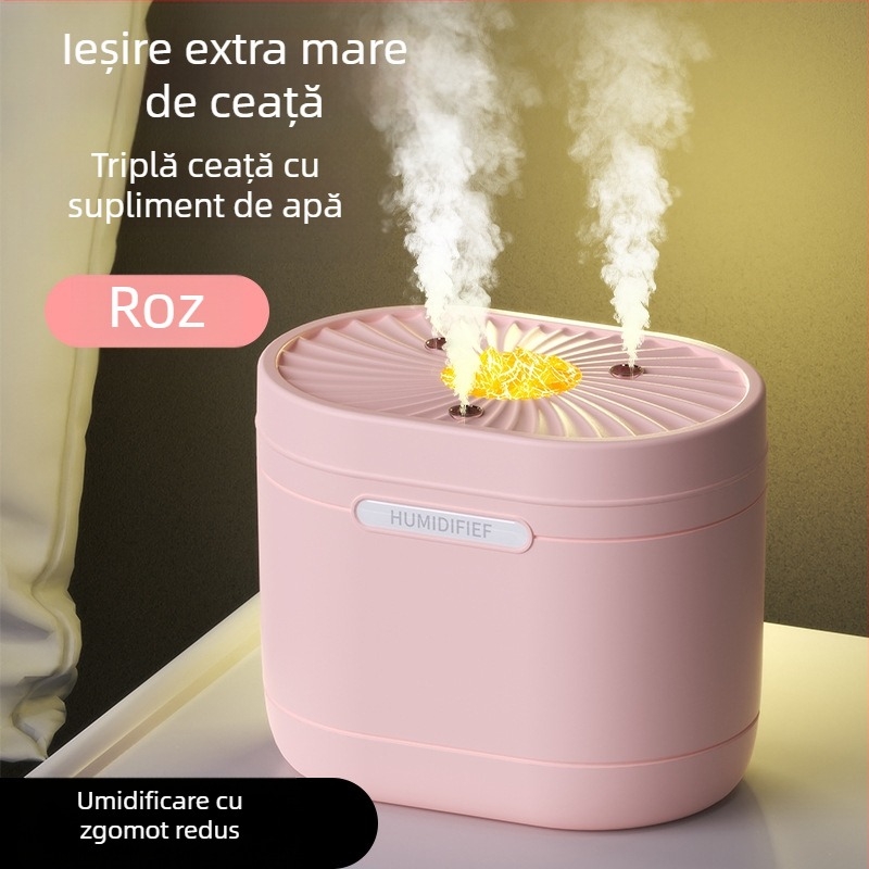 Umidificator cu trei duze, 1,2 L, pentru sufragerie și dormitor, cu posibilitatea adăugării de uleiuri esențiale, umidificator USB de birou