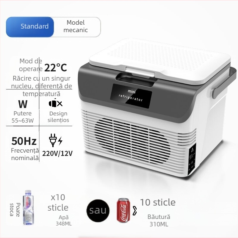 Aparat de refrigerare auto cu tehnologie cu semiconductori, utilizare auto/acasă, 11-15L, 55-63W, DC12V/24V și 220-240V AC, răcire -9°C / încălzire 65°C