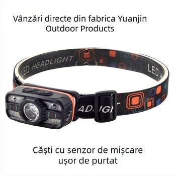 Far frontal inductiv cu LED, reîncărcabil, montat pe cap, pentru alergare nocturnă și activități în aer liber; baterie 500–800 mAh, putere 5W, rază maximă 100–200 m, generare energie prin apăsare manuală