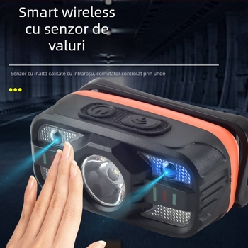 Far frontal inductiv cu LED, reîncărcabil, montat pe cap, pentru alergare nocturnă și activități în aer liber; baterie 500–800 mAh, putere 5W, rază maximă 100–200 m, generare energie prin apăsare manuală