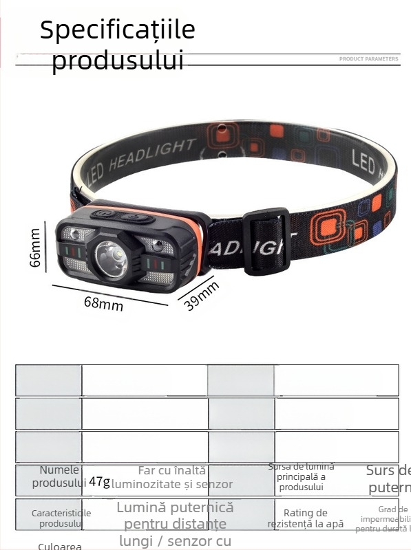 Far frontal inductiv cu LED, reîncărcabil, montat pe cap, pentru alergare nocturnă și activități în aer liber; baterie 500–800 mAh, putere 5W, rază maximă 100–200 m, generare energie prin apăsare manuală