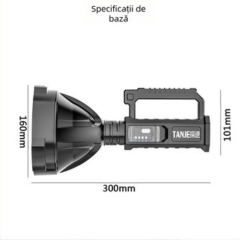 P90 lanternă LED portabilă, 70W, 1200 mAh, acționare manuală, alimentare prin încărcare, rază 100–200 m, carcasă ABS