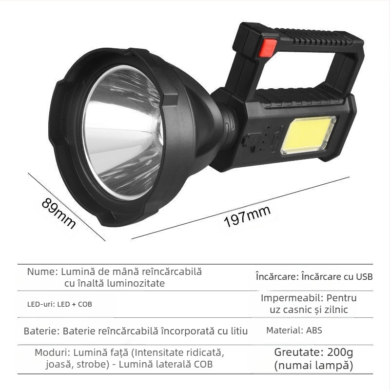 P90 lanternă LED portabilă, 70W, 1200 mAh, acționare manuală, alimentare prin încărcare, rază 100–200 m, carcasă ABS