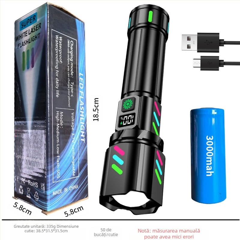 Lanternă LED multifuncțională 20W, rază peste 500 m, rotație de 360°, alimentare manuală