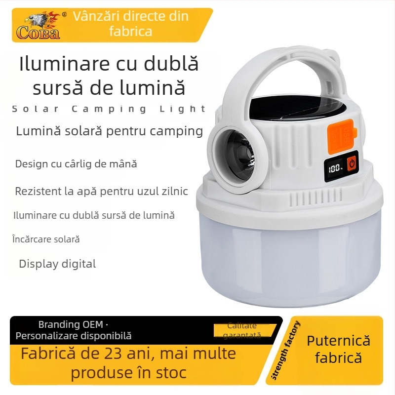 Coolba Lampa de camping cu LED 2835, alimentare solară/încărcare, întrerupător cu buton