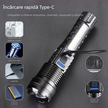 Fanar LED USB reîncărcabil pentru exterior și situații de urgență – lumină laser cu COB lampă de lucru, 30W, baterie încorporată 18650, rază 200–500 m