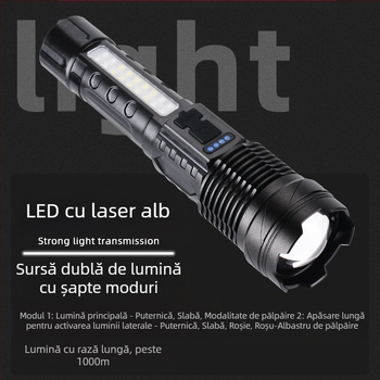 Fanar LED USB reîncărcabil pentru exterior și situații de urgență – lumină laser cu COB lampă de lucru, 30W, baterie încorporată 18650, rază 200–500 m