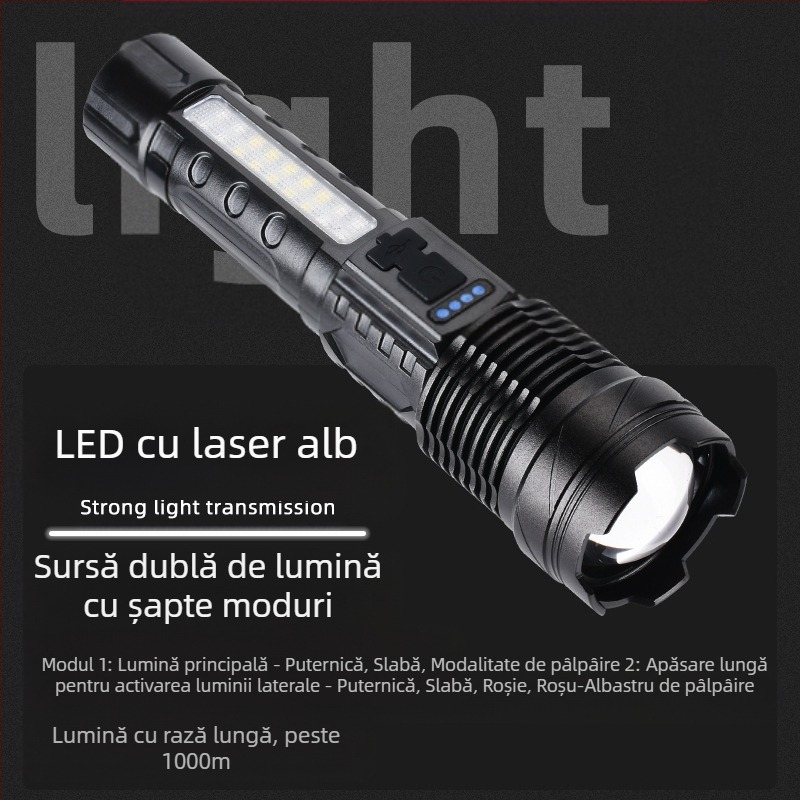Fanar LED USB reîncărcabil pentru exterior și situații de urgență – lumină laser cu COB lampă de lucru, 30W, baterie încorporată 18650, rază 200–500 m