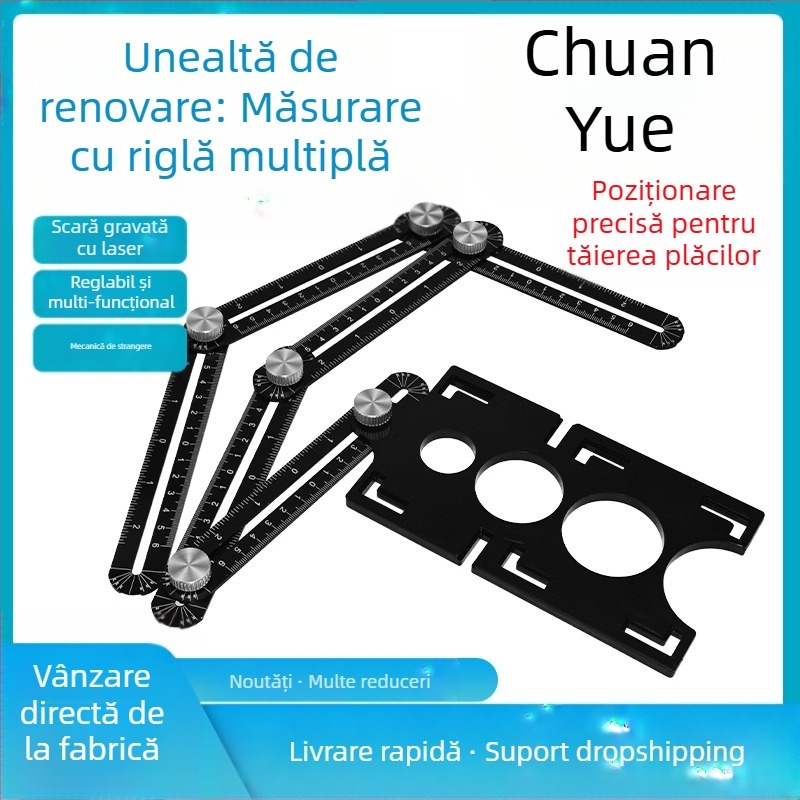 Ruletă pliabilă cu șase segmente pentru găuri de plăci, instrument universal de poziționare a zidăriei, riglă unghiulară, aliaje de aluminiu