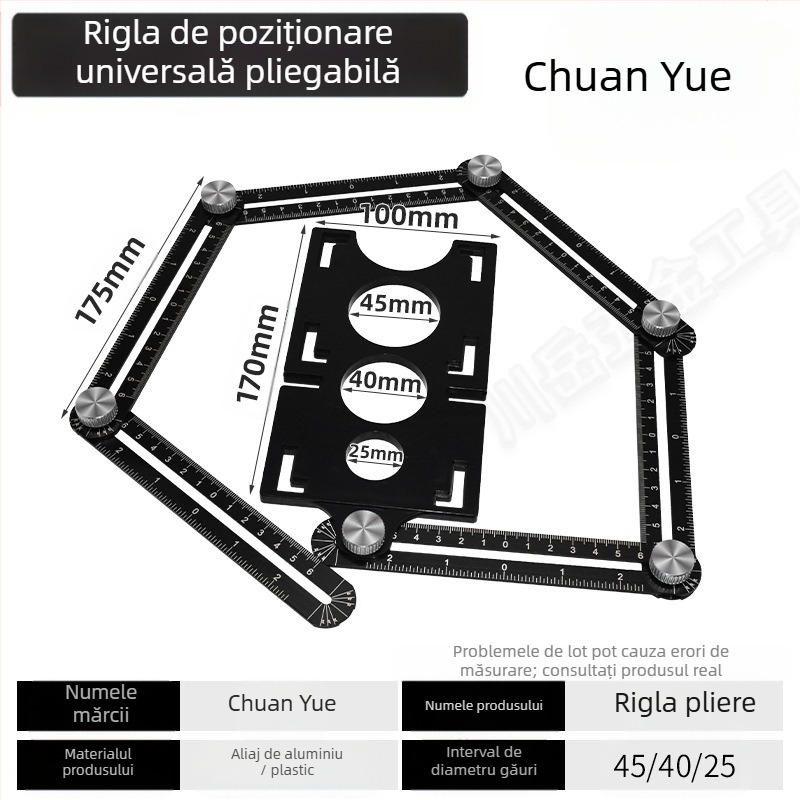 Ruletă pliabilă cu șase segmente pentru găuri de plăci, instrument universal de poziționare a zidăriei, riglă unghiulară, aliaje de aluminiu
