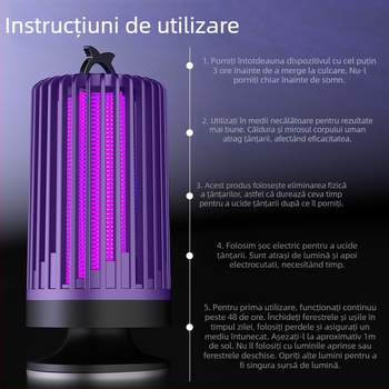 Lampă anti țânțari pentru interior, funcționare silențioasă cu șoc electric și UV, carcasă PP, potrivită pentru încăperi până la 10㎡