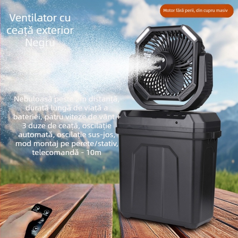 Ventilator cu pulver de răcire pentru camping în aer liber, iluminare pentru cort, încărcare USB, cap oscilant, ventilator electric mic, silențios