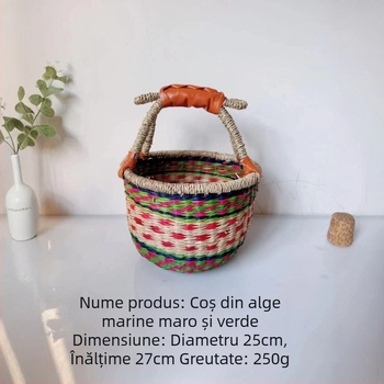 Coș din răchită, țesut manual, cu motive africane – stil pastoral pentru cumpărături, picnic și organizare la birou
