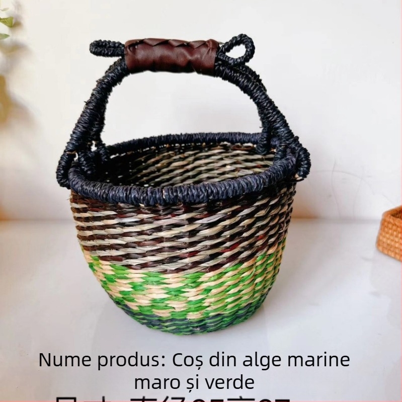 Coș din răchită, țesut manual, cu motive africane – stil pastoral pentru cumpărături, picnic și organizare la birou