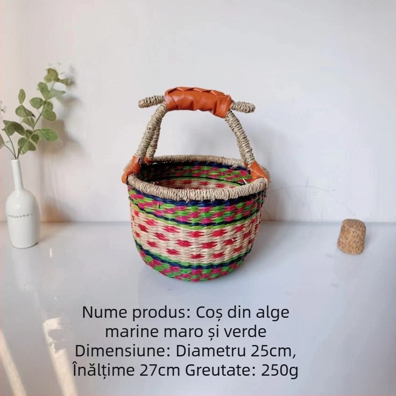 Coș din răchită, țesut manual, cu motive africane – stil pastoral pentru cumpărături, picnic și organizare la birou