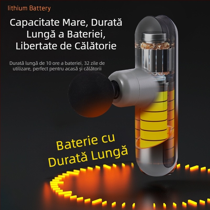 Mini masaj pentru fascie, pentru uz casnic; motor cu perii; până la a cincea treaptă sau mai mare; 4 capete de masaj; baterie încorporată; zgomot sub 36 dB