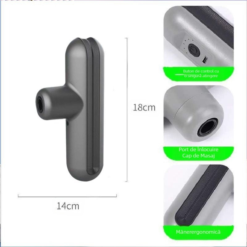 Mini masaj pentru fascie, pentru uz casnic; motor cu perii; până la a cincea treaptă sau mai mare; 4 capete de masaj; baterie încorporată; zgomot sub 36 dB