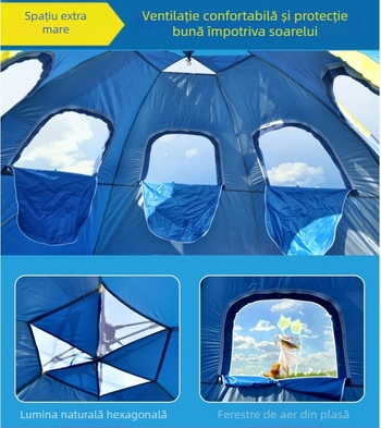 Cort hexagonal pentru 6-8 persoane, model camuflaj, cu uși duble, montaj rapid, impermeabil 1500-2000 mm