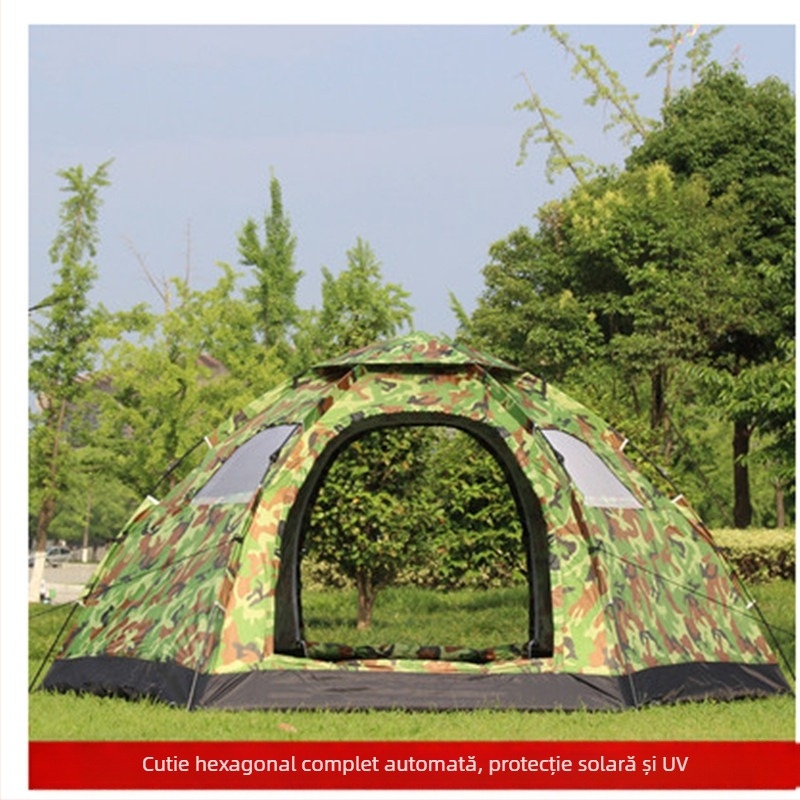 Cort hexagonal pentru 6-8 persoane, model camuflaj, cu uși duble, montaj rapid, impermeabil 1500-2000 mm