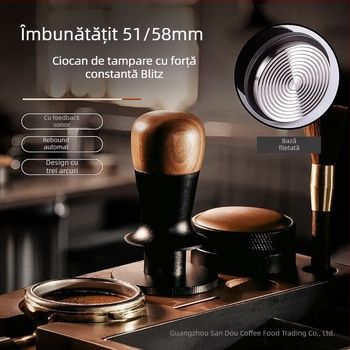 Tamper pentru cafea cu forță fixă, revenire automată și echilibru; lemn de nuc și oțel inoxidabil, stil modern minimalist