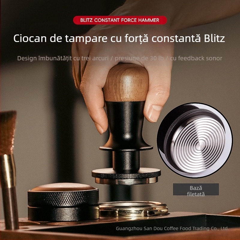 Tamper pentru cafea cu forță fixă, revenire automată și echilibru; lemn de nuc și oțel inoxidabil, stil modern minimalist