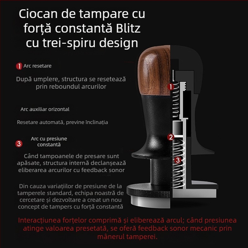 Tamper pentru cafea cu forță fixă, revenire automată și echilibru; lemn de nuc și oțel inoxidabil, stil modern minimalist