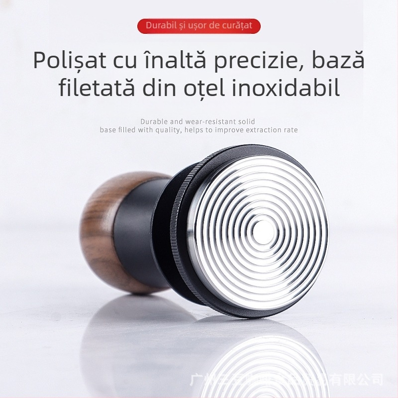 Tamper pentru cafea cu forță fixă, revenire automată și echilibru; lemn de nuc și oțel inoxidabil, stil modern minimalist