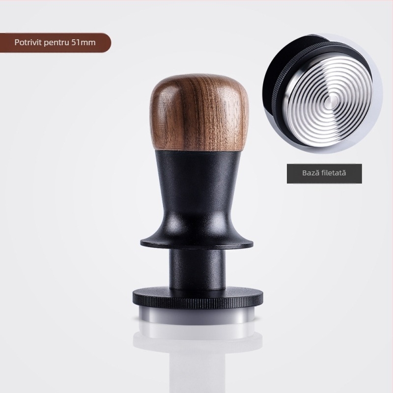 Tamper pentru cafea cu forță fixă, revenire automată și echilibru; lemn de nuc și oțel inoxidabil, stil modern minimalist