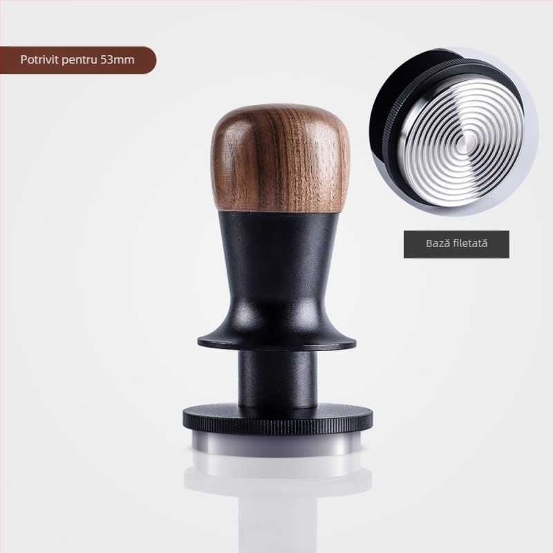 Tamper pentru cafea cu forță fixă, revenire automată și echilibru; lemn de nuc și oțel inoxidabil, stil modern minimalist
