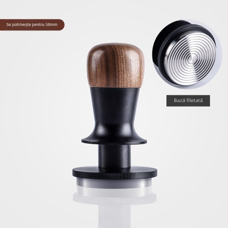 Tamper pentru cafea cu forță fixă, revenire automată și echilibru; lemn de nuc și oțel inoxidabil, stil modern minimalist