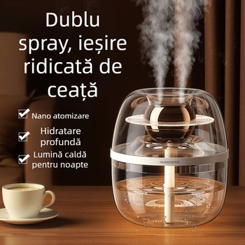 Umidificator de aer cu design cristal transparent, capacitate mare 2,6–4,0 L, potrivit pentru camere până la 30 m², 2 ieșiri de ceață, funcționare silențioasă, alimentare USB, corp circular, temporizator peste 8 ore.