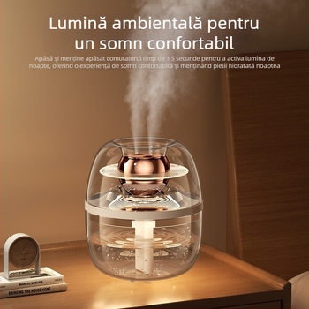 Umidificator de aer cu design cristal transparent, capacitate mare 2,6–4,0 L, potrivit pentru camere până la 30 m², 2 ieșiri de ceață, funcționare silențioasă, alimentare USB, corp circular, temporizator peste 8 ore.