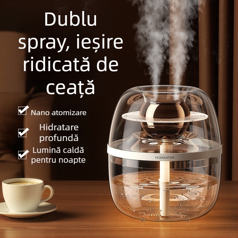 Umidificator de aer cu design cristal transparent, capacitate mare 2,6–4,0 L, potrivit pentru camere până la 30 m², 2 ieșiri de ceață, funcționare silențioasă, alimentare USB, corp circular, temporizator peste 8 ore.