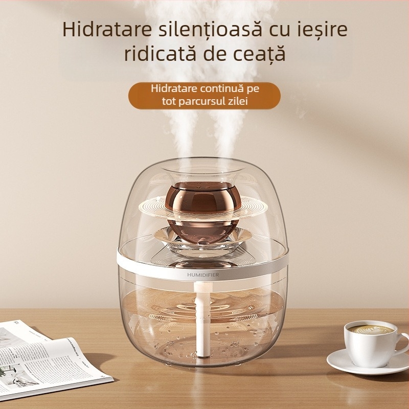 Umidificator de aer cu design cristal transparent, capacitate mare 2,6–4,0 L, potrivit pentru camere până la 30 m², 2 ieșiri de ceață, funcționare silențioasă, alimentare USB, corp circular, temporizator peste 8 ore.