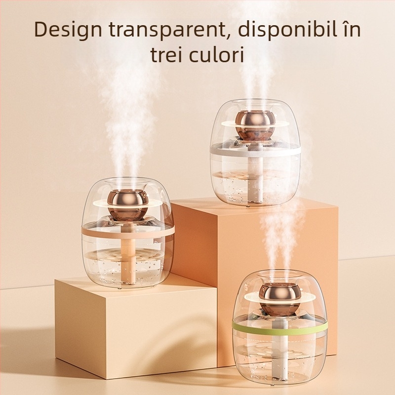 Umidificator de aer cu design cristal transparent, capacitate mare 2,6–4,0 L, potrivit pentru camere până la 30 m², 2 ieșiri de ceață, funcționare silențioasă, alimentare USB, corp circular, temporizator peste 8 ore.