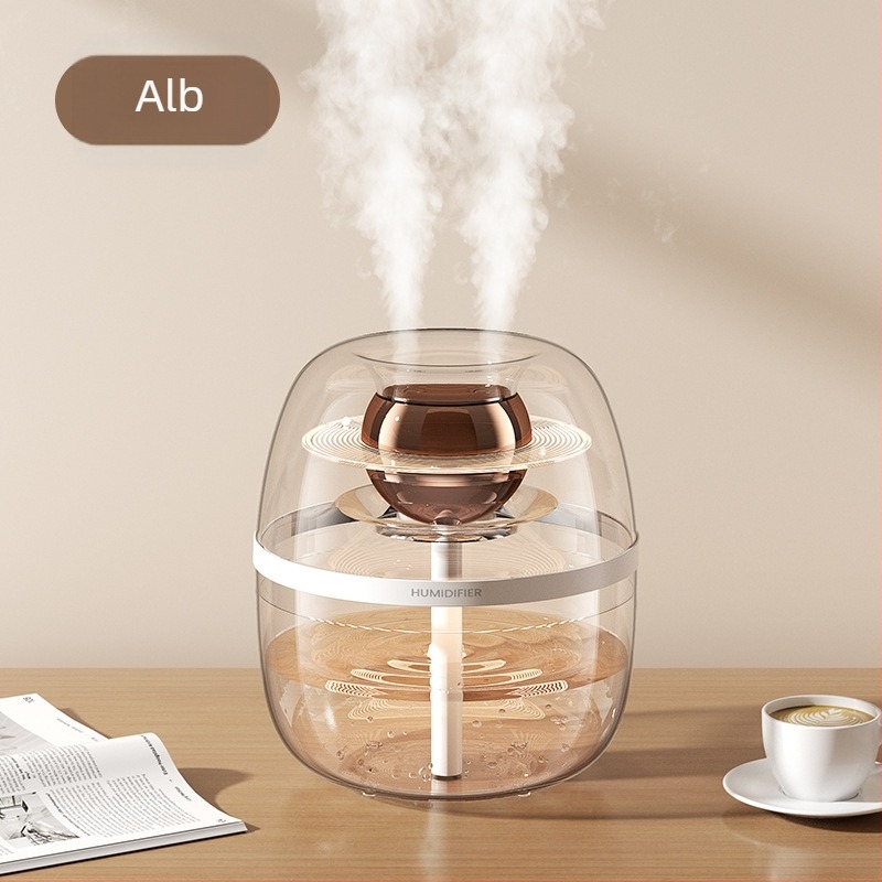 Umidificator de aer cu design cristal transparent, capacitate mare 2,6–4,0 L, potrivit pentru camere până la 30 m², 2 ieșiri de ceață, funcționare silențioasă, alimentare USB, corp circular, temporizator peste 8 ore.