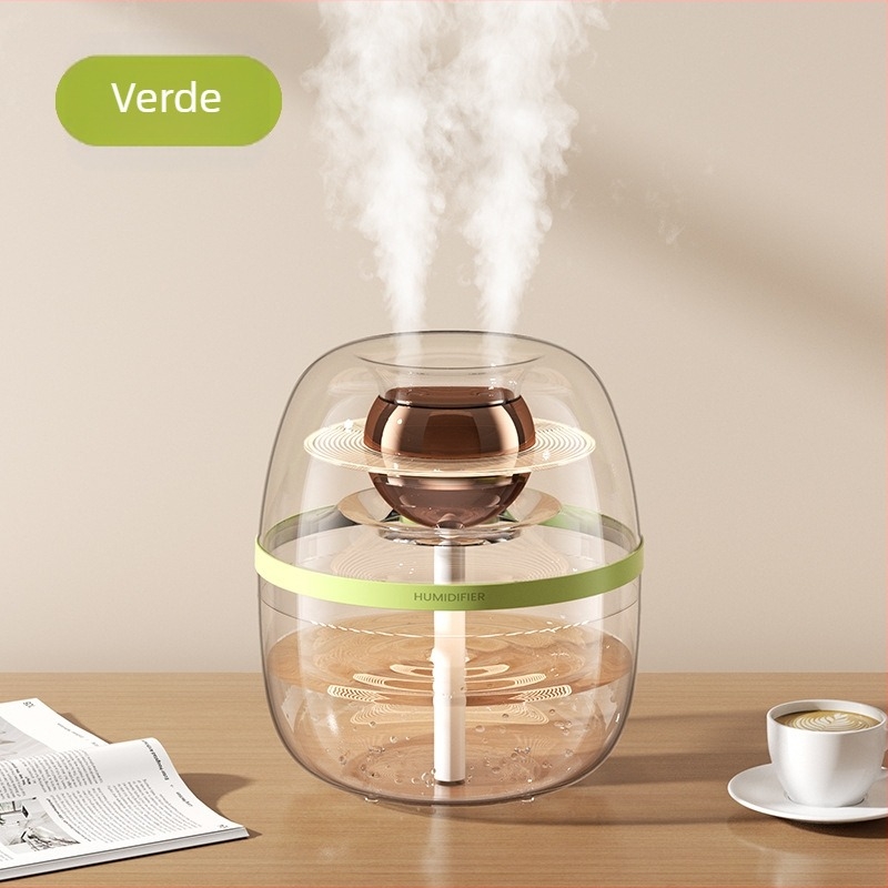 Umidificator de aer cu design cristal transparent, capacitate mare 2,6–4,0 L, potrivit pentru camere până la 30 m², 2 ieșiri de ceață, funcționare silențioasă, alimentare USB, corp circular, temporizator peste 8 ore.