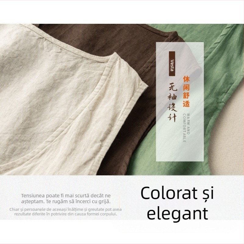 Vesta cu decolteu în V, stil retro-literar, țesătură bumbac-lin, croială lejeră, lungime scurtă (40–50 cm)