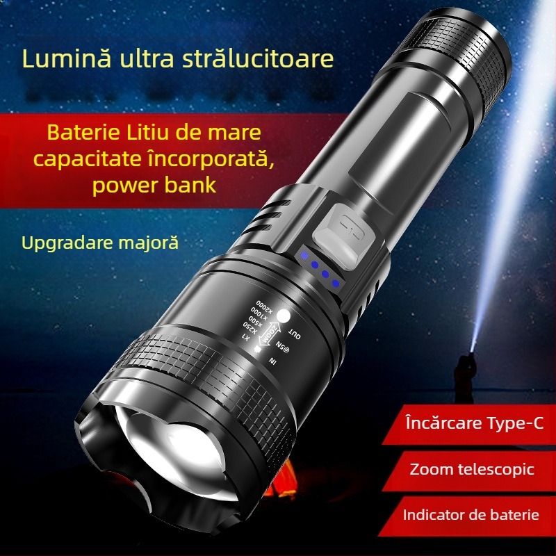 Lanternă LED încărcabilă cu zoom telescopic și afișaj digital (LED, 1200mAh, 3W, Zoom telescopic, Afișaj digital)