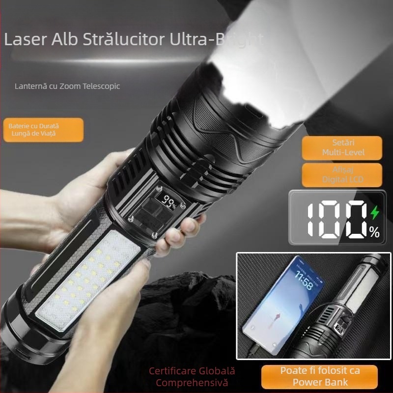 Fenar LED cu corp din aliaj de aluminiu, 15W, baterie încorporată de 5400 mAh, reîncărcabil, funcție Power Bank, rază de acțiune ≥ 500 m