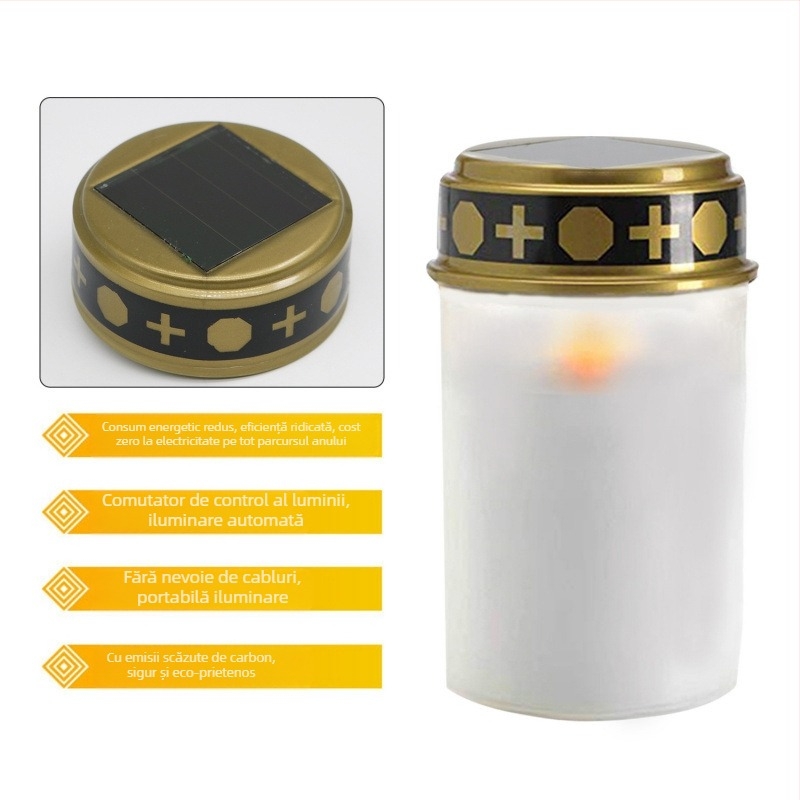 Lampa solară de cimitir cu LED — corp cilindric din plastic, execuție semi-manuală și semi-mechanică, Candle feast