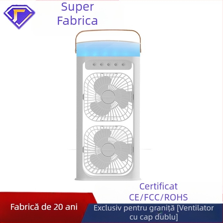 Ventilator cu două capete cu vaporizator încorporat pentru uz casnic, reîncărcabil, baterie 2000–4000 mAh, 5V 12W, 3 trepte de viteză, zgomot sub 36 dB