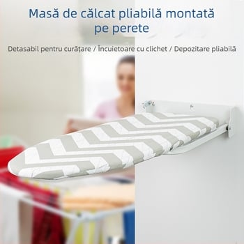 Masa de călcat pliabilă pe perete cu suport pentru fier și agățător – husă din bumbac, pernă din bumbac, cadru din oțel carbon, picioare din plastic; 4 bucăți în cutie