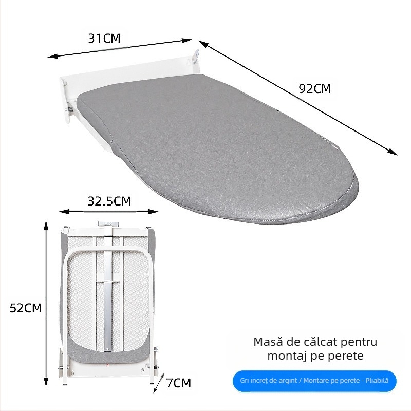 Masa de călcat pliabilă pe perete cu suport pentru fier și agățător – husă din bumbac, pernă din bumbac, cadru din oțel carbon, picioare din plastic; 4 bucăți în cutie