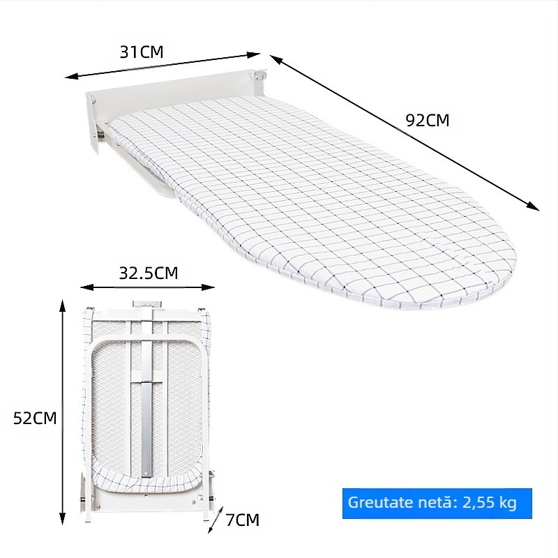 Masa de călcat pliabilă pe perete cu suport pentru fier și agățător – husă din bumbac, pernă din bumbac, cadru din oțel carbon, picioare din plastic; 4 bucăți în cutie