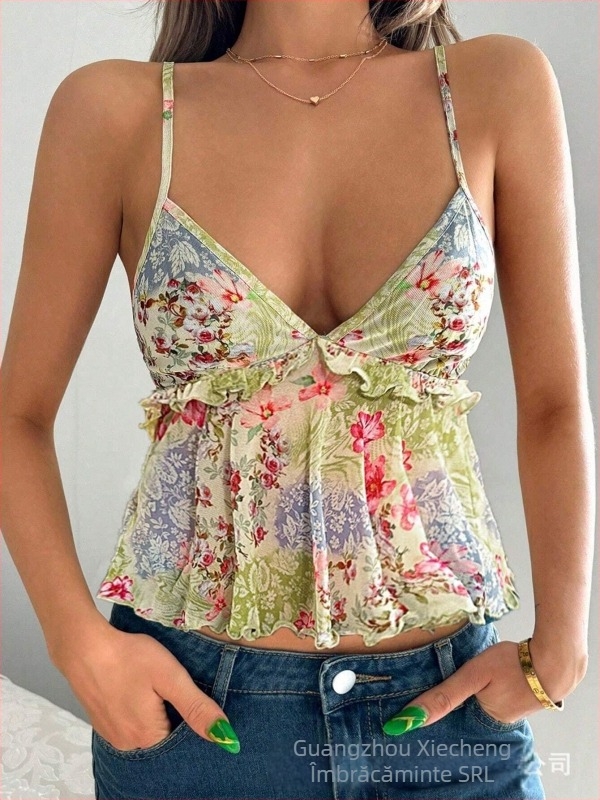 Top fără mâneci cu bretele, croială lejeră, imprimeu floral, poliester cu elastan 95%+, lungime scurtă 40-50 cm, lansare primăvara 2025