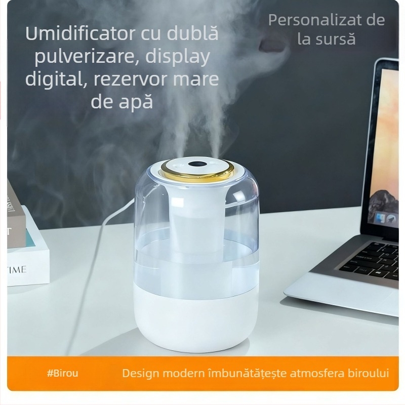 Umidificator USB, model nou 2025, lumini LED color, afișaj digital, pentru dormitor și birou, ieșire mare de ceață