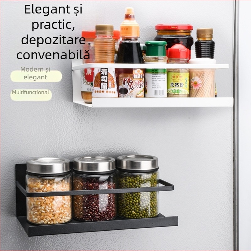 Raft magnetic pentru frigider – organizator lateral pentru condimente, montaj pe perete prin aderență magnetică, fără găuri, material: oțel carbon, 1 nivel